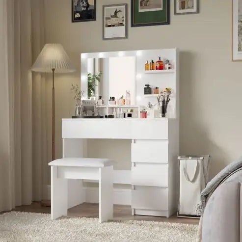 Vanity, Makeup Vanity Desk Set With Mirror Light, Dressing Table Storage Lots With Power Strip, 3 Lighting Modes With Adjustable Brightness, 37 Inches White With Stool